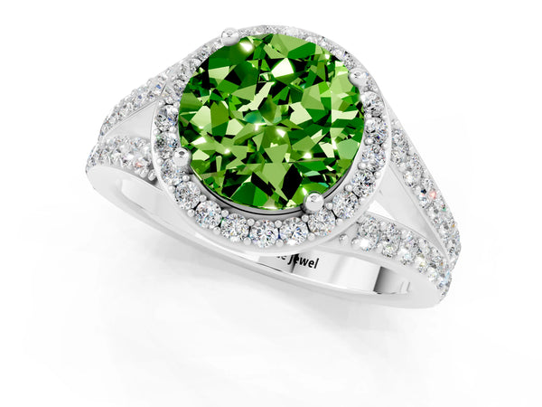 Silver Round Cut Peridot Split Shank Halo Ring with Four-Prong Setting