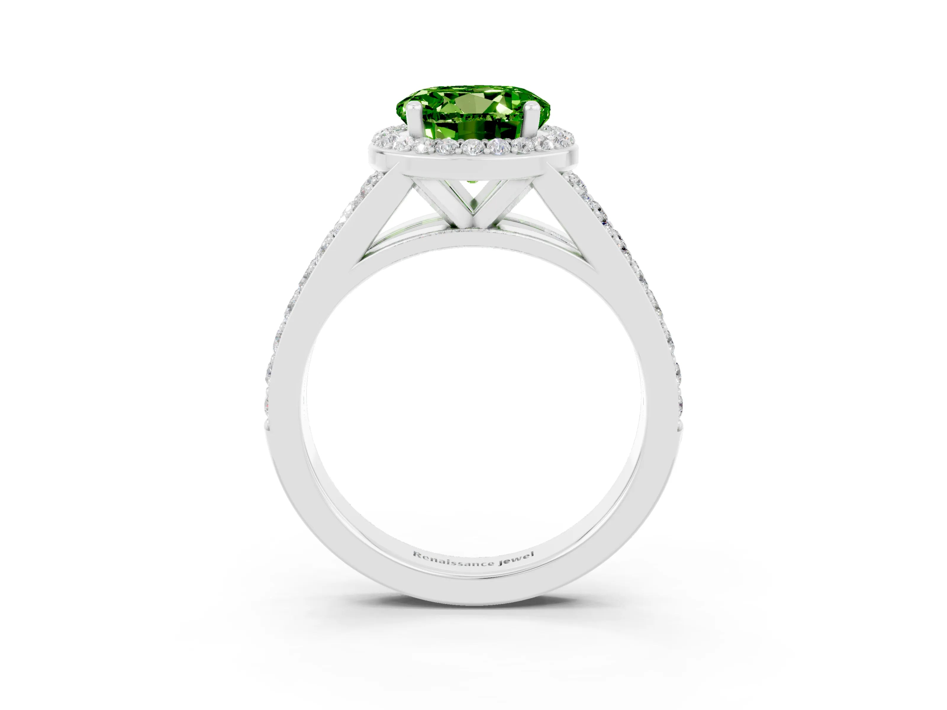 White gold Round Cut Peridot Split Shank Halo Ring with Four-Prong Setting_15