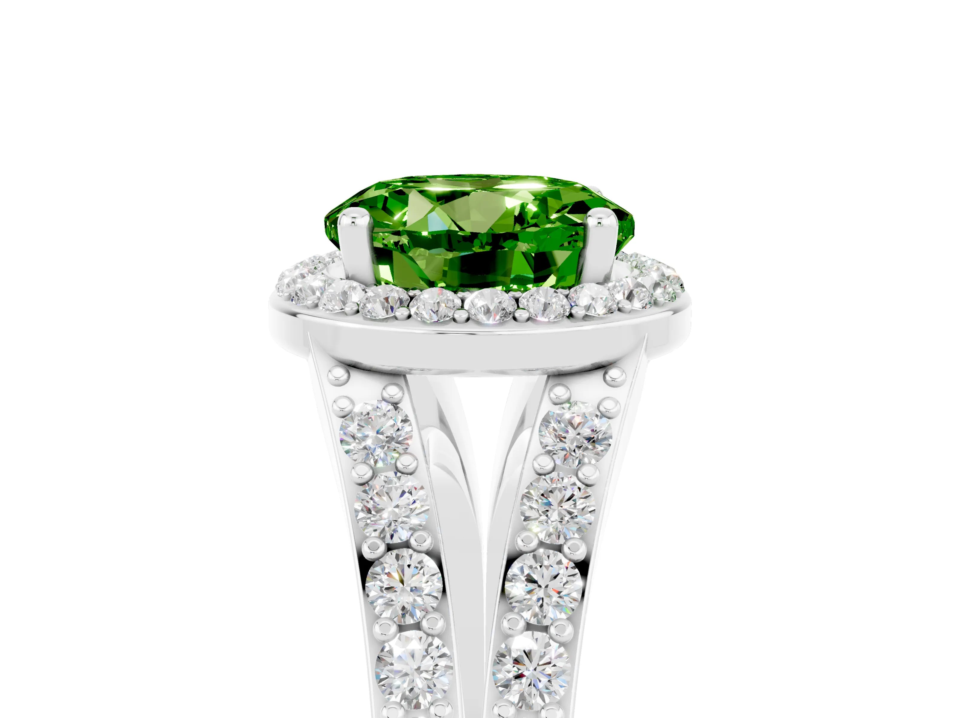 White gold Round Cut Peridot Split Shank Halo Ring with Four-Prong Setting_17