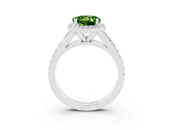 White gold Round Cut Peridot Split Shank Halo Ring with Four-Prong Setting
