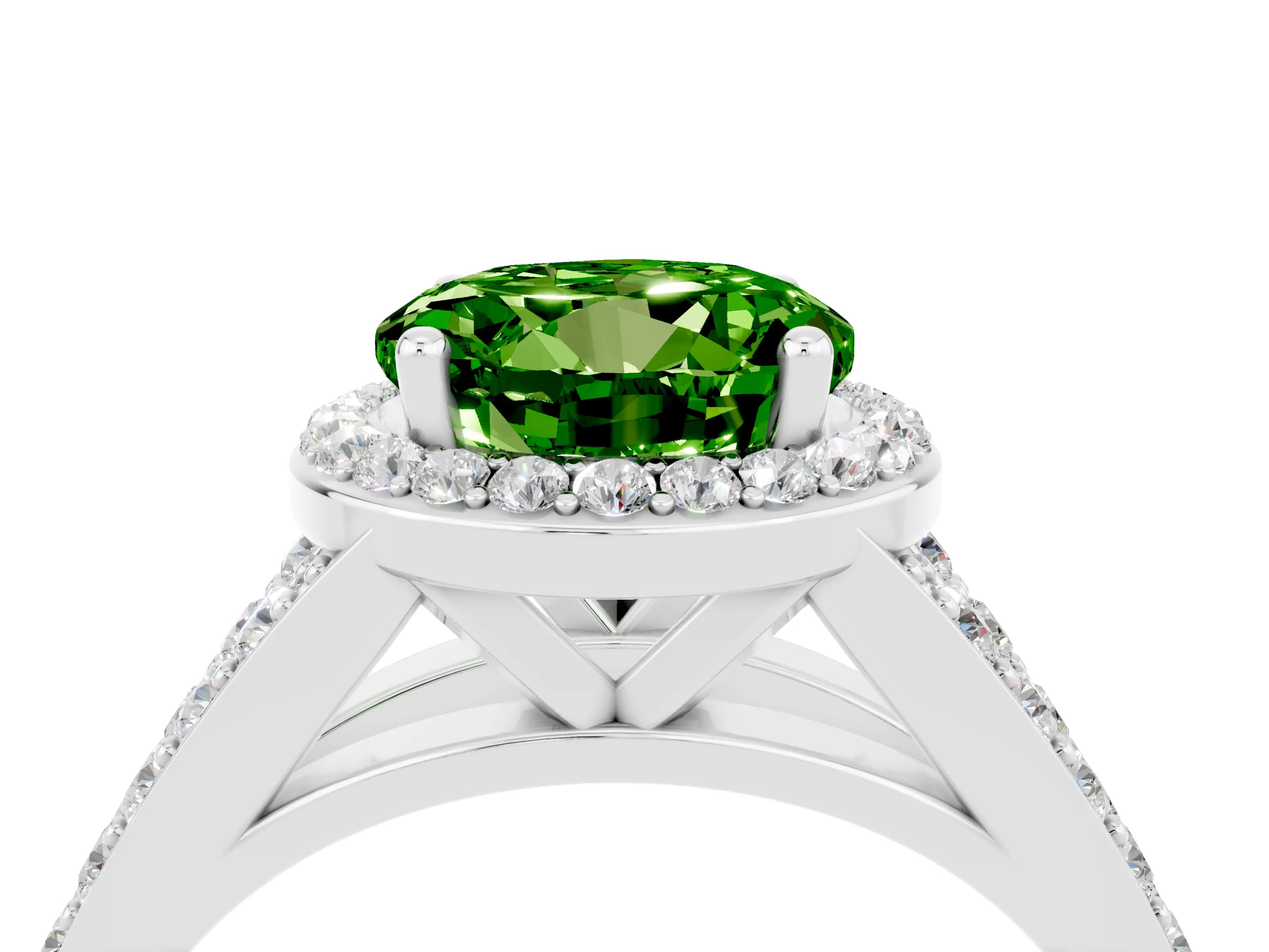 White gold Round Cut Peridot Split Shank Halo Ring with Four-Prong Setting_28