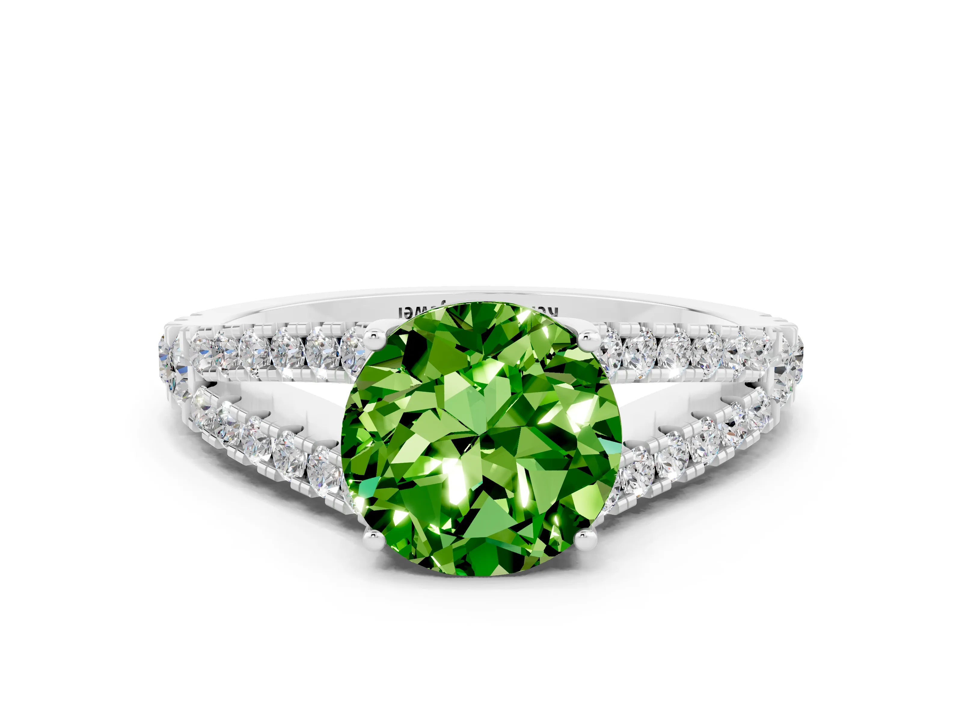 White gold Round Cut Peridot Split Shank Pavé Engagement Ring with Four-Prong Setting_12
