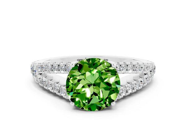 Silver Round Cut Peridot Split Shank Pavé Engagement Ring with Four-Prong Setting
