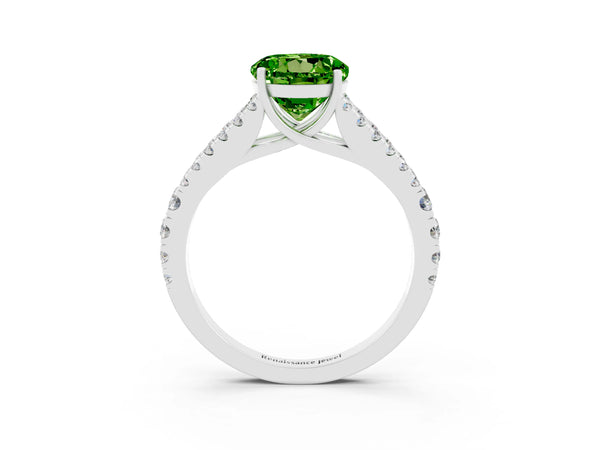 Platinum Round Cut Peridot Split Shank Pavé Engagement Ring with Four-Prong Setting