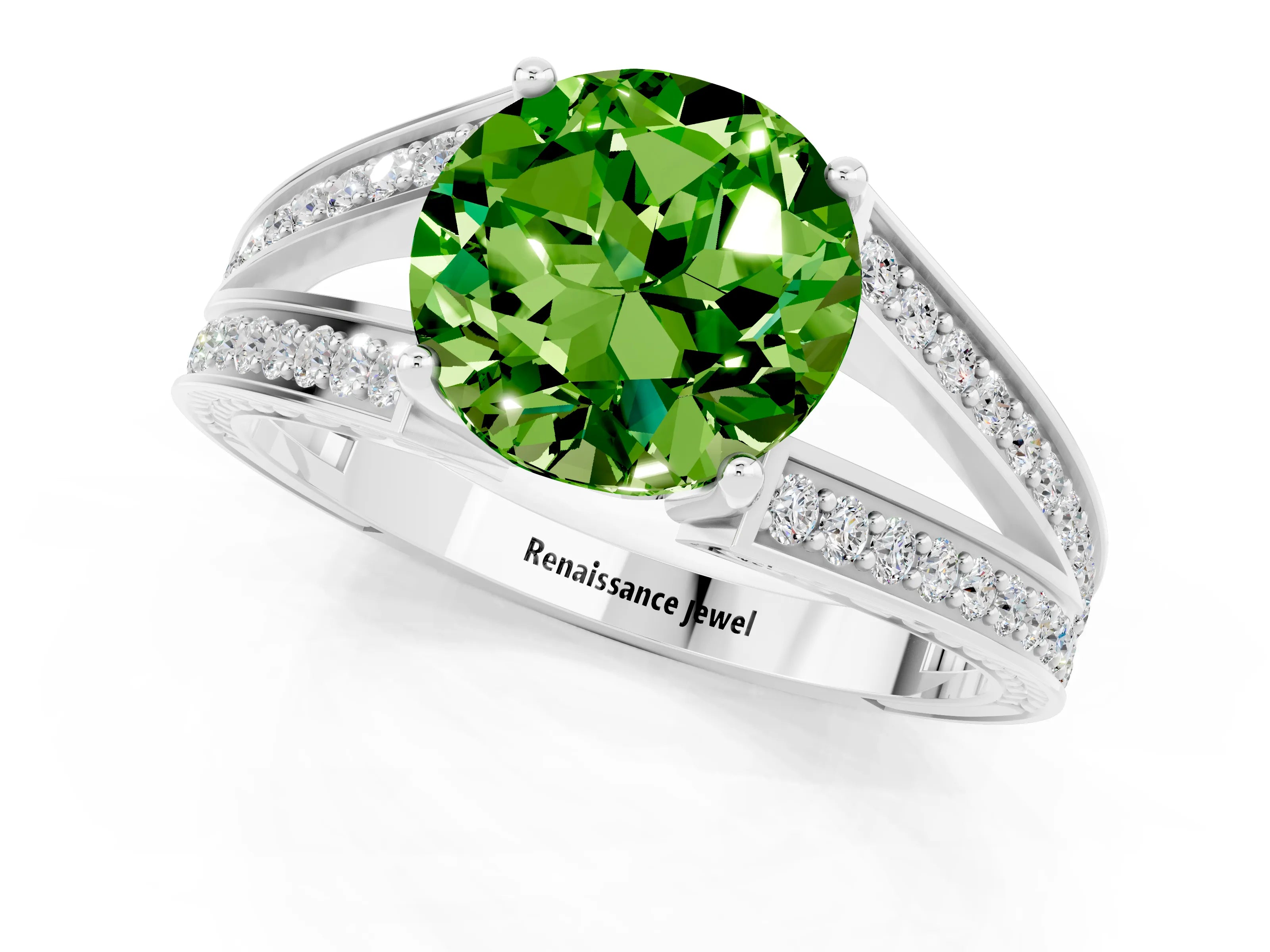 White gold Round Cut Peridot Split Shank Ring with Pavé Band and Four-Prong Setting_1