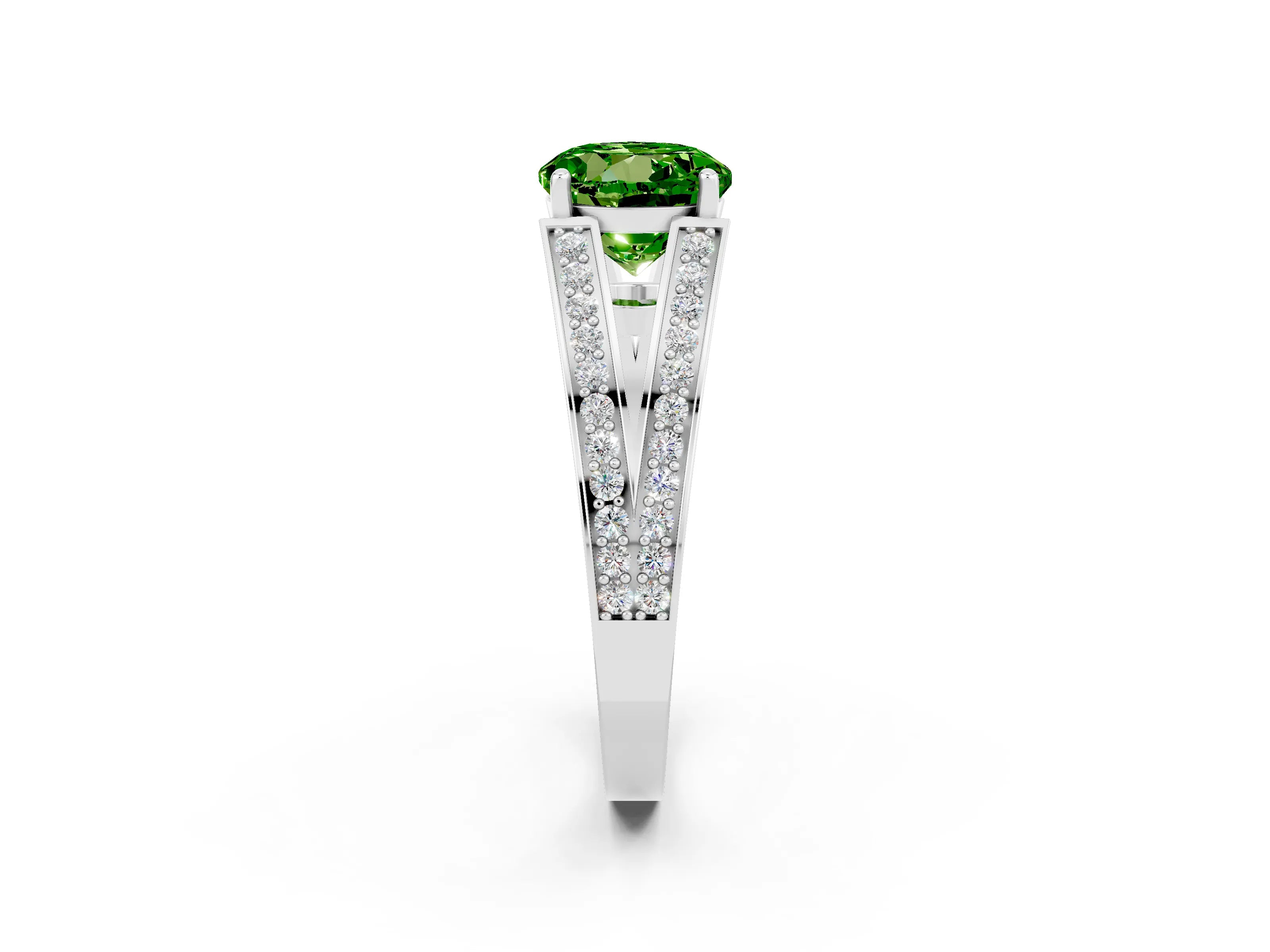 White gold Round Cut Peridot Split Shank Ring with Pavé Band and Four-Prong Setting_2