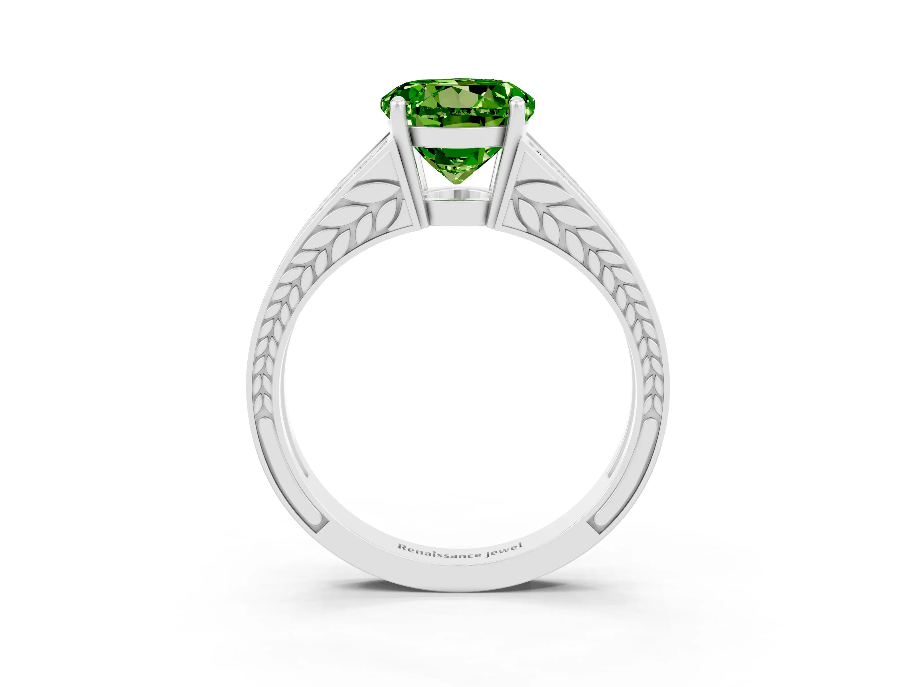 White gold Round Cut Peridot Split Shank Ring with Pavé Band and Four-Prong Setting_3