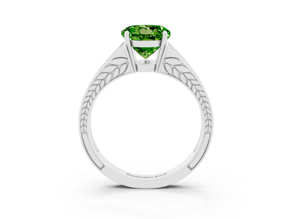White gold Round Cut Peridot Split Shank Ring with Pavé Band and Four-Prong Setting