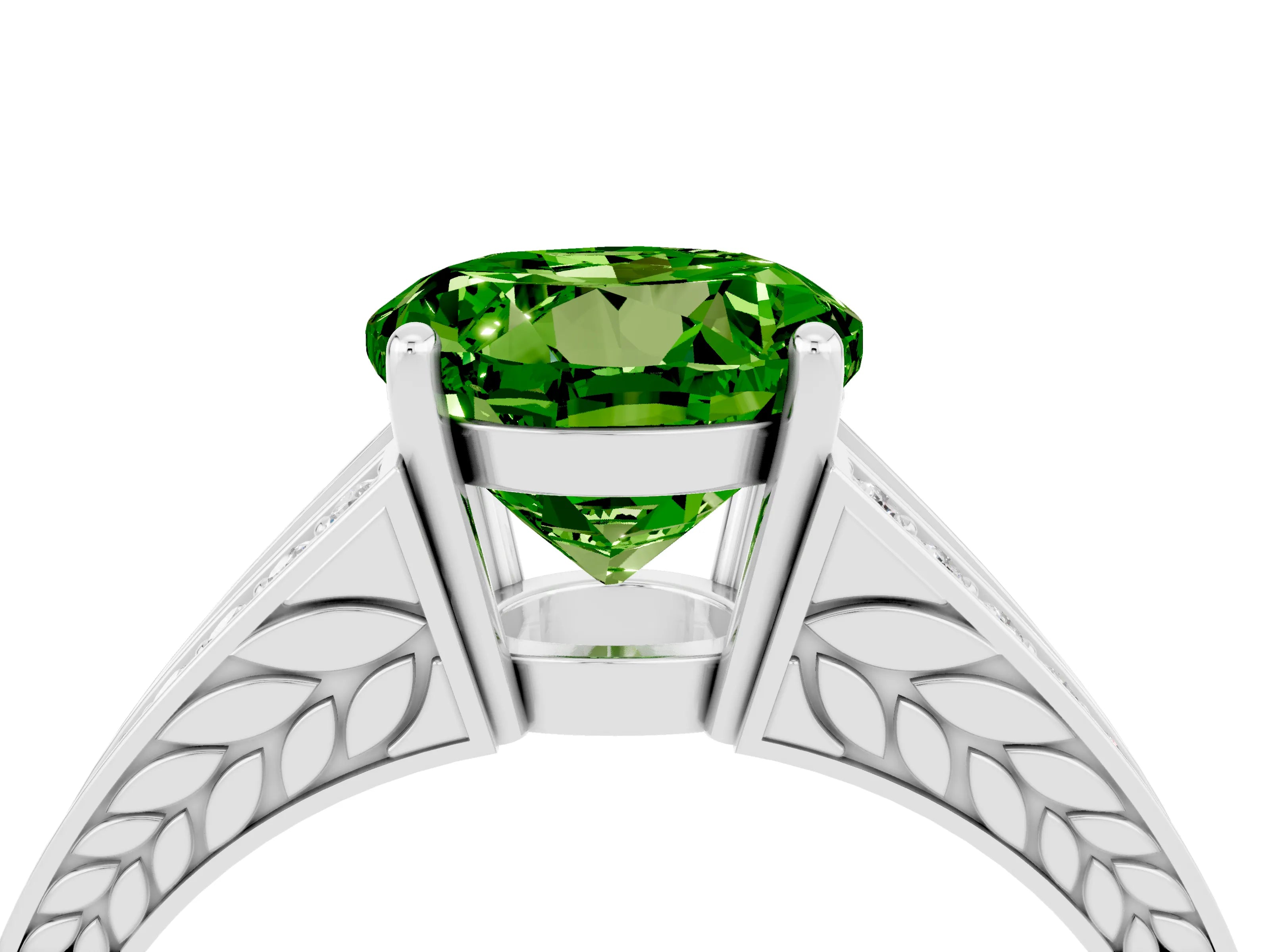 White gold Round Cut Peridot Split Shank Ring with Pavé Band and Four-Prong Setting_4