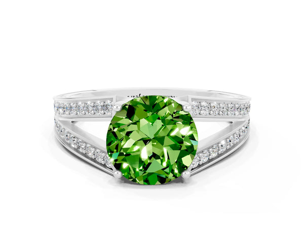 White gold Round Cut Peridot Split Shank Ring with Pavé Band and Four-Prong Setting