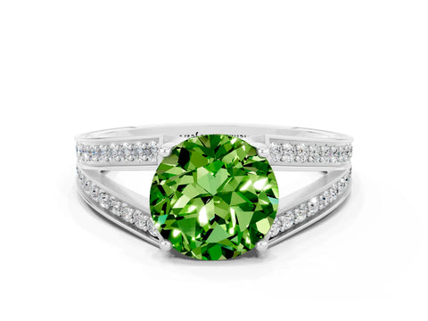 White gold Round Cut Peridot Split Shank Ring with Pavé Band and Four-Prong Setting