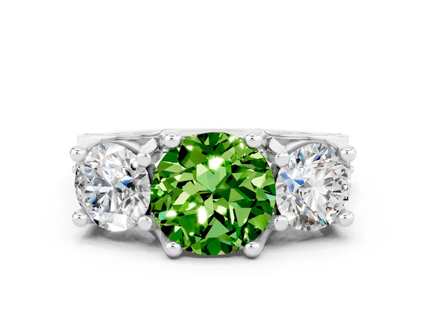 Platinum Round Cut Peridot Three-Stone Ring with Channel Set Band and Four-Prong Setting