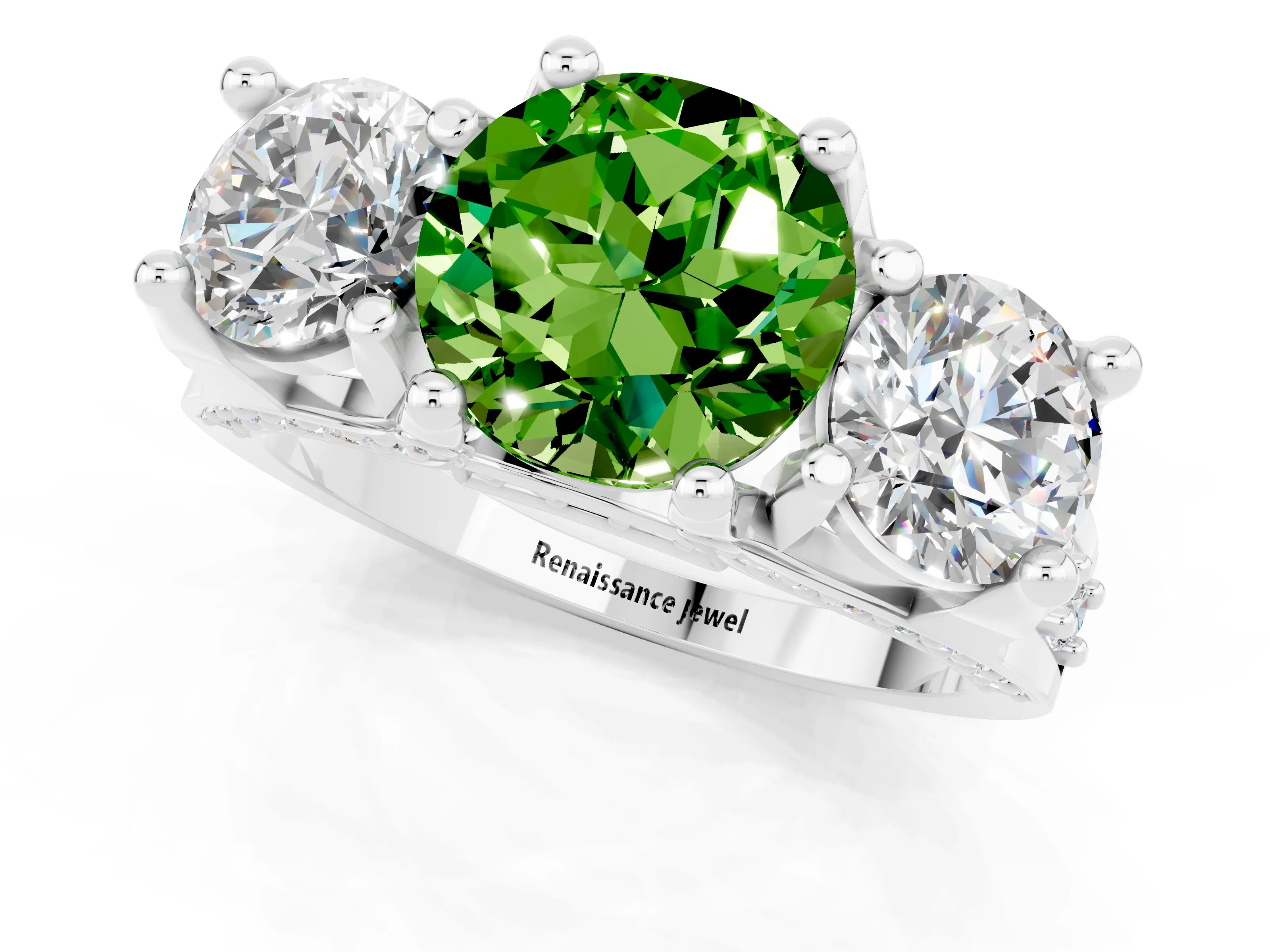 White gold Round Cut Peridot Three-Stone Ring with Channel Set Band and Four-Prong Setting_1
