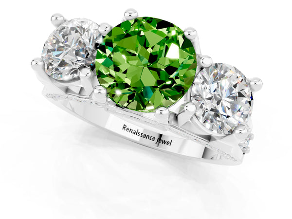 White gold Round Cut Peridot Three-Stone Ring with Channel Set Band and Four-Prong Setting