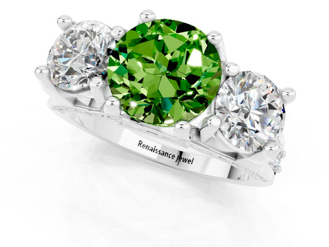 White gold Round Cut Peridot Three-Stone Ring with Channel Set Band and Four-Prong Setting_1