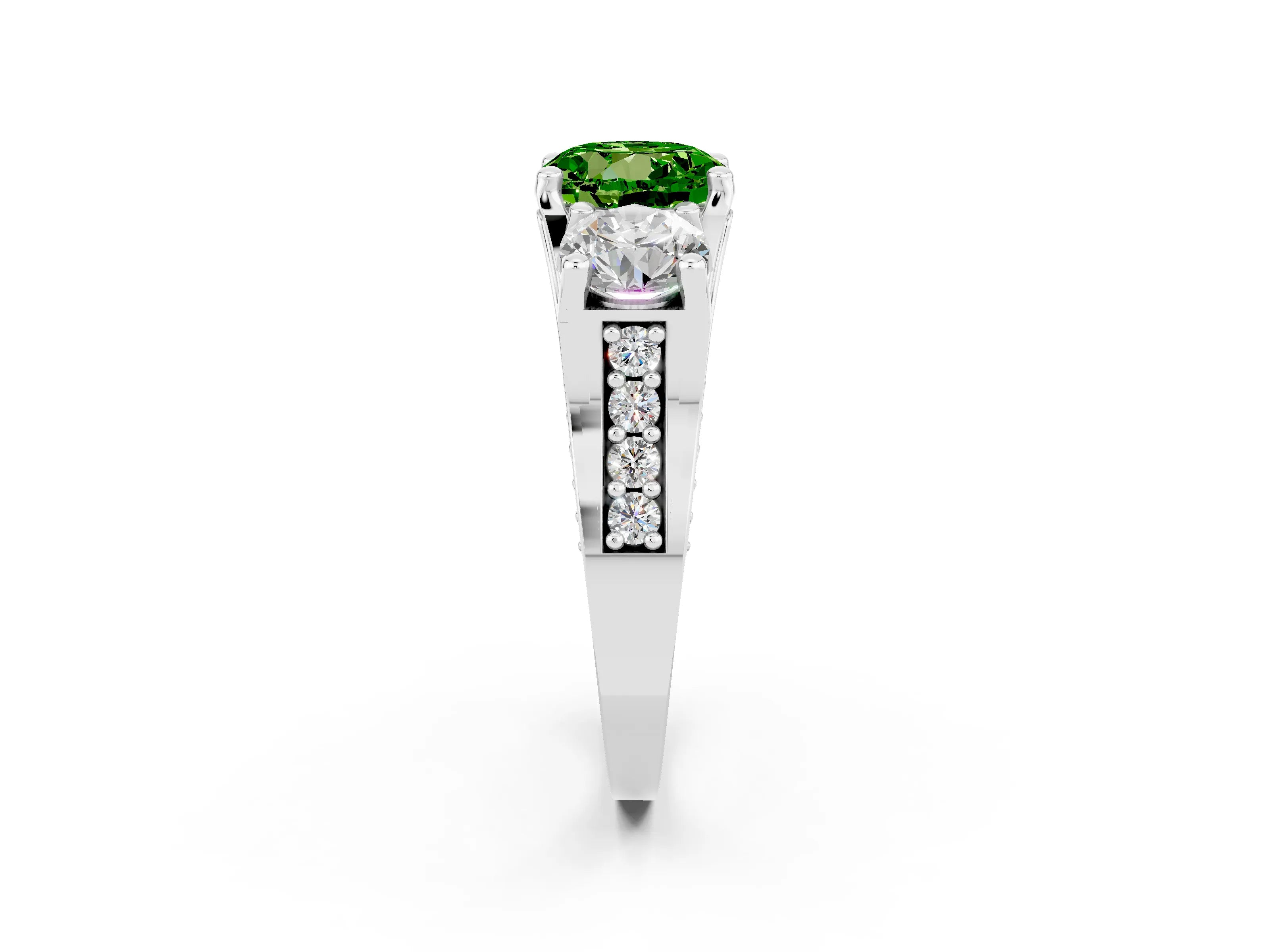 White gold Round Cut Peridot Three-Stone Ring with Channel Set Band and Four-Prong Setting_2