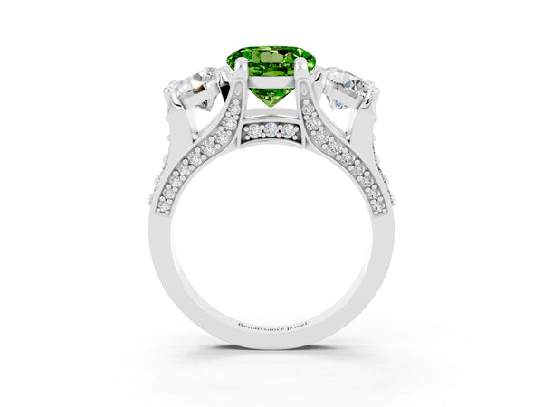Platinum Round Cut Peridot Three-Stone Ring with Channel Set Band and Four-Prong Setting