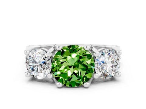 White gold Round Cut Peridot Three-Stone Ring with Channel Set Band and Four-Prong Setting