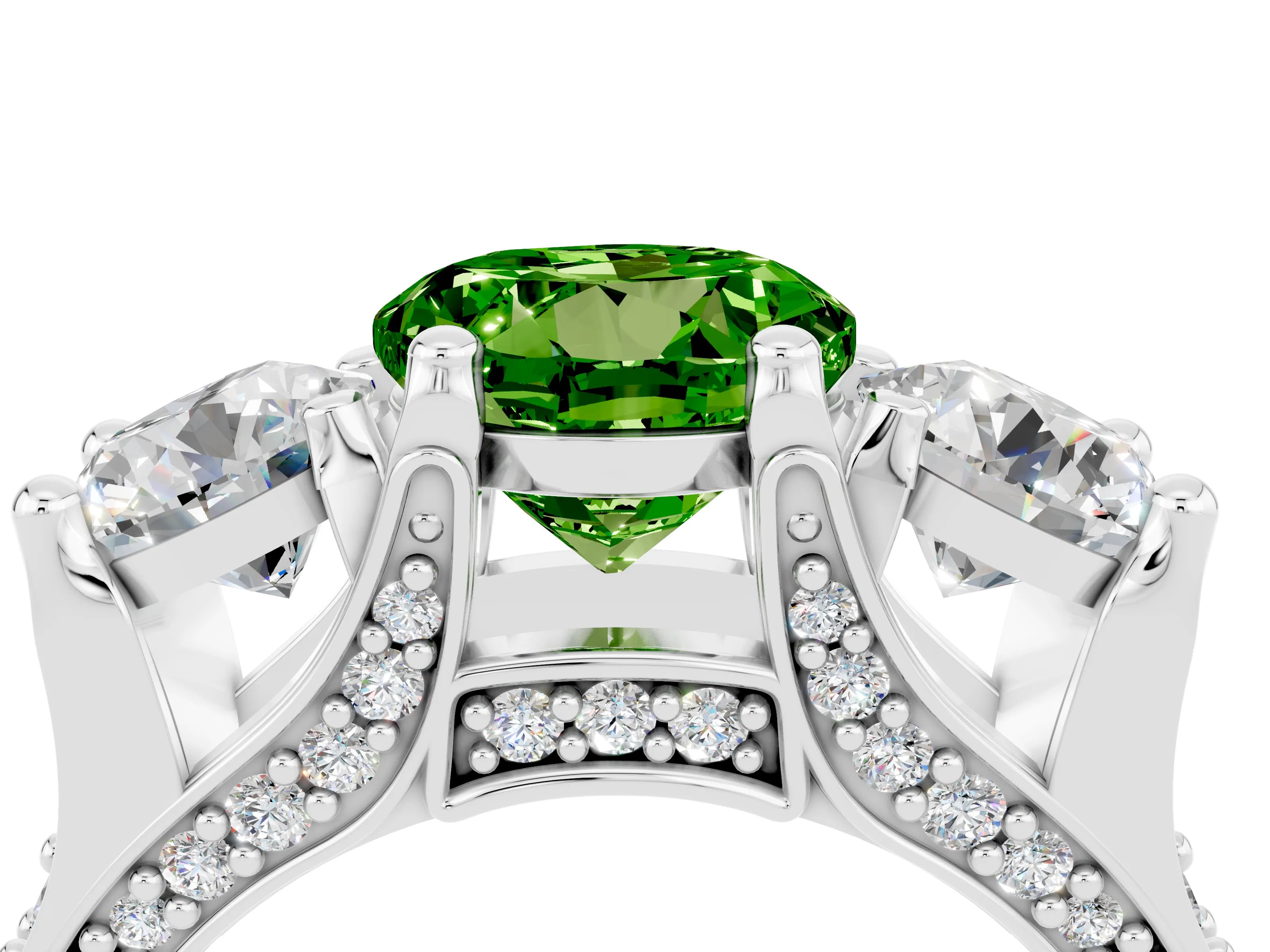 White gold Round Cut Peridot Three-Stone Ring with Channel Set Band and Four-Prong Setting_4