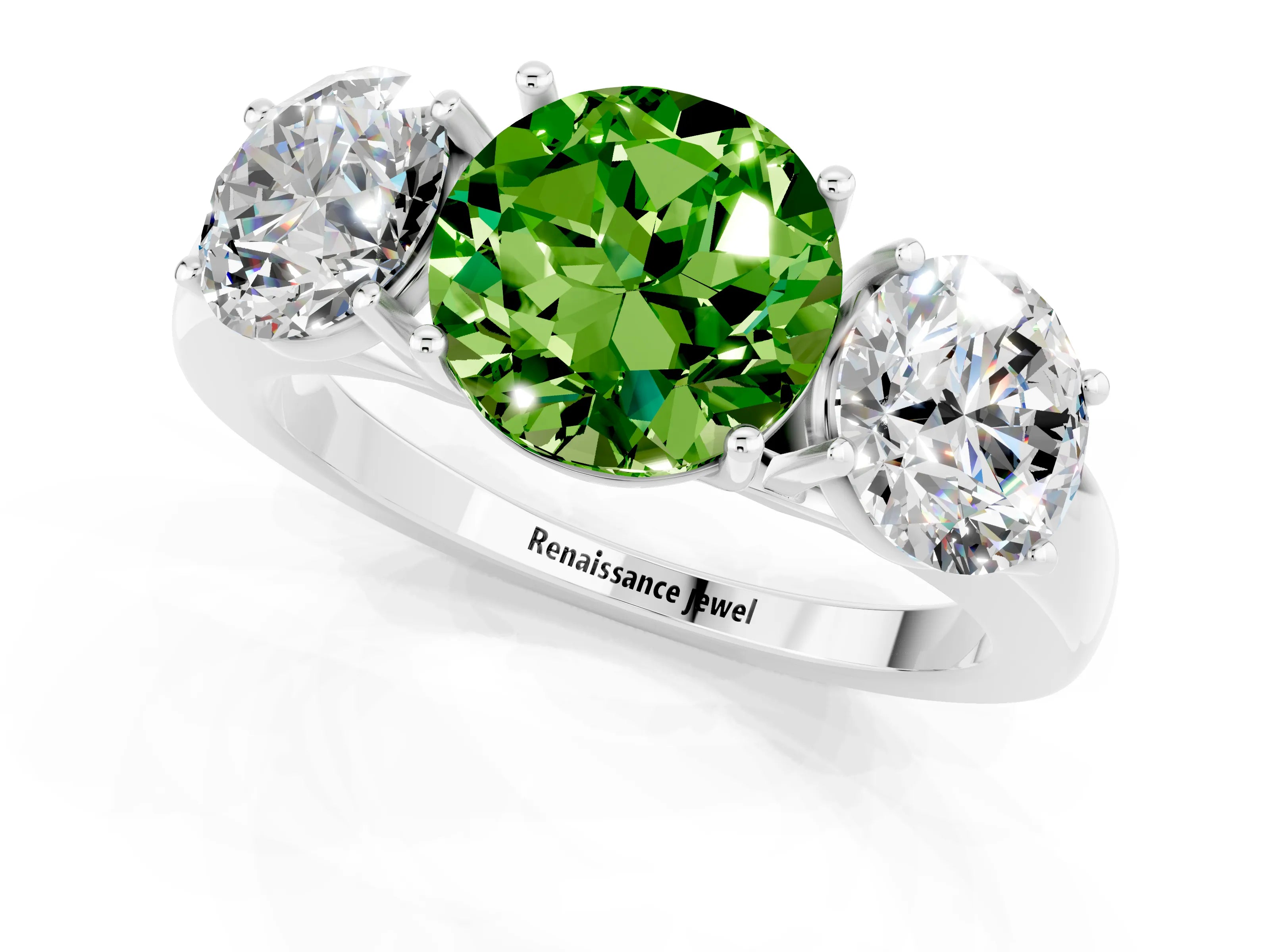 White gold Round Cut Peridot Three-Stone Ring with Four-Prong Setting and Classic Band_1