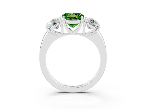 Platinum Round Cut Peridot Three-Stone Ring with Four-Prong Setting and Classic Band