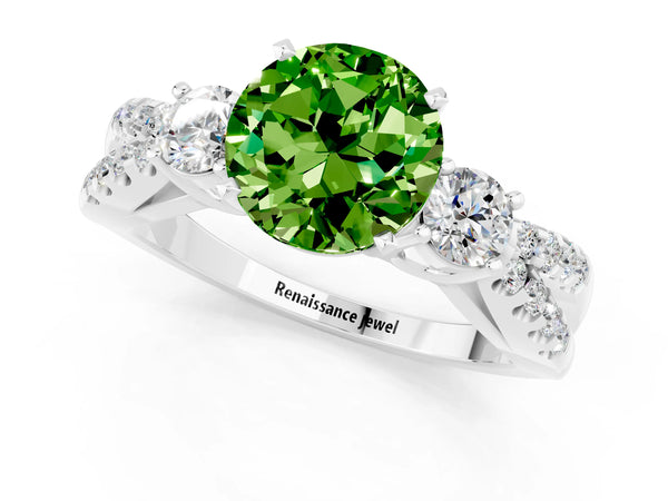 White gold Round Cut Peridot Three-Stone Ring with Pavé Split Shank and Four-Prong Setting