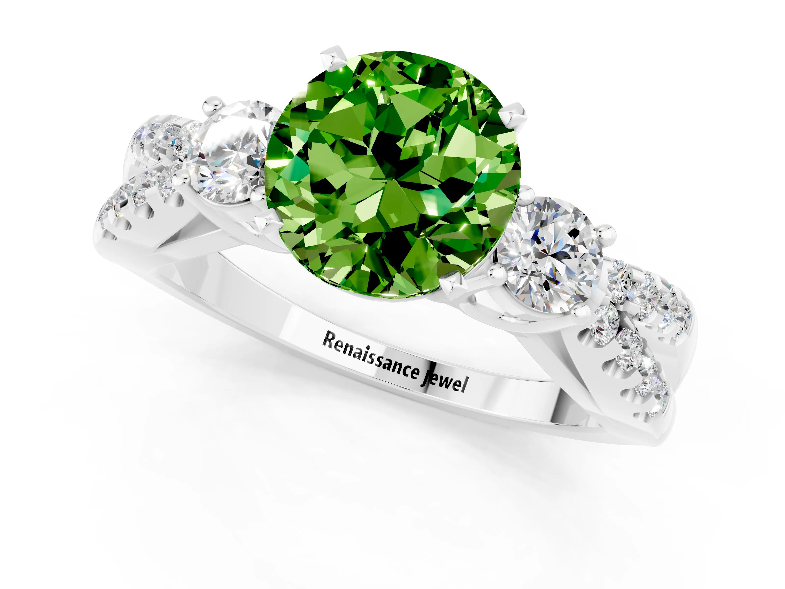 White gold Round Cut Peridot Three-Stone Ring with Pavé Split Shank and Four-Prong Setting_1