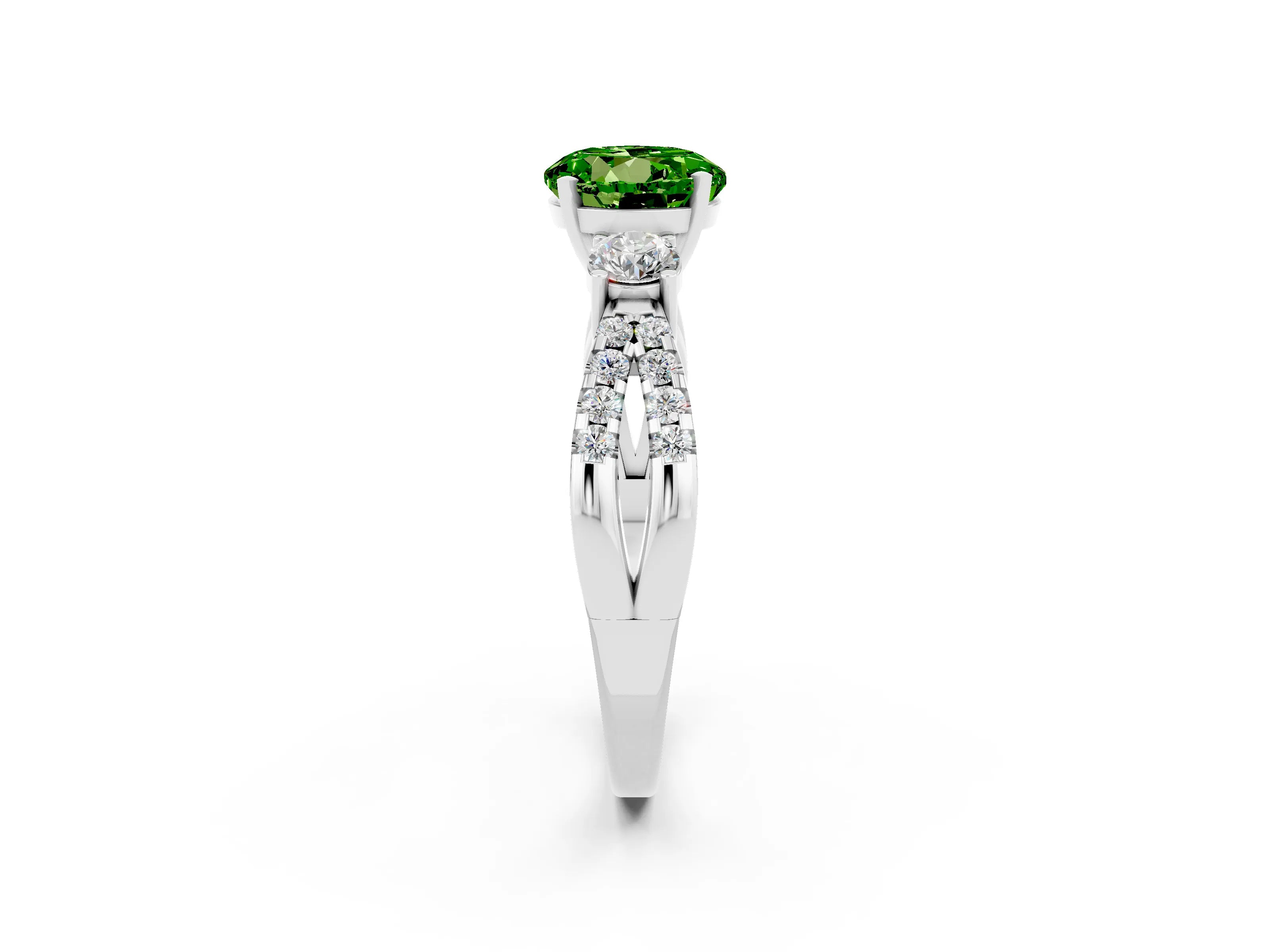 White gold Round Cut Peridot Three-Stone Ring with Pavé Split Shank and Four-Prong Setting_2
