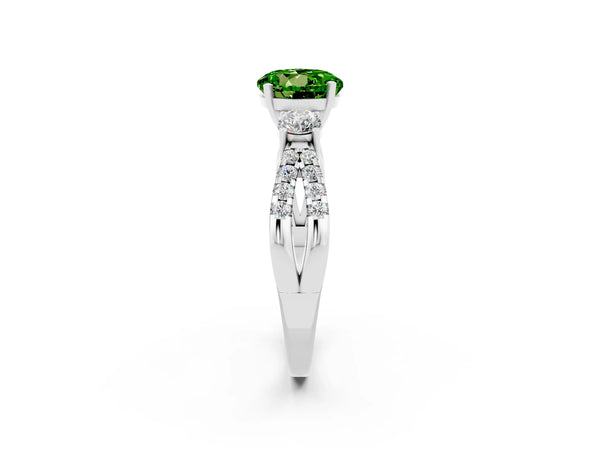 White gold Round Cut Peridot Three-Stone Ring with Pavé Split Shank and Four-Prong Setting
