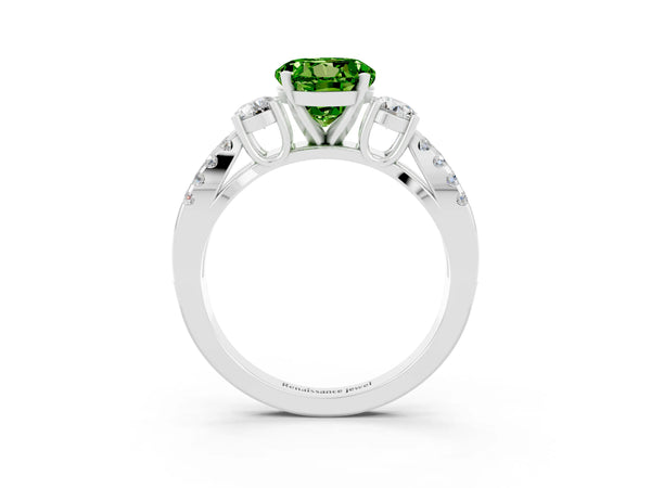Silver Round Cut Peridot Three-Stone Ring with Pavé Split Shank and Four-Prong Setting