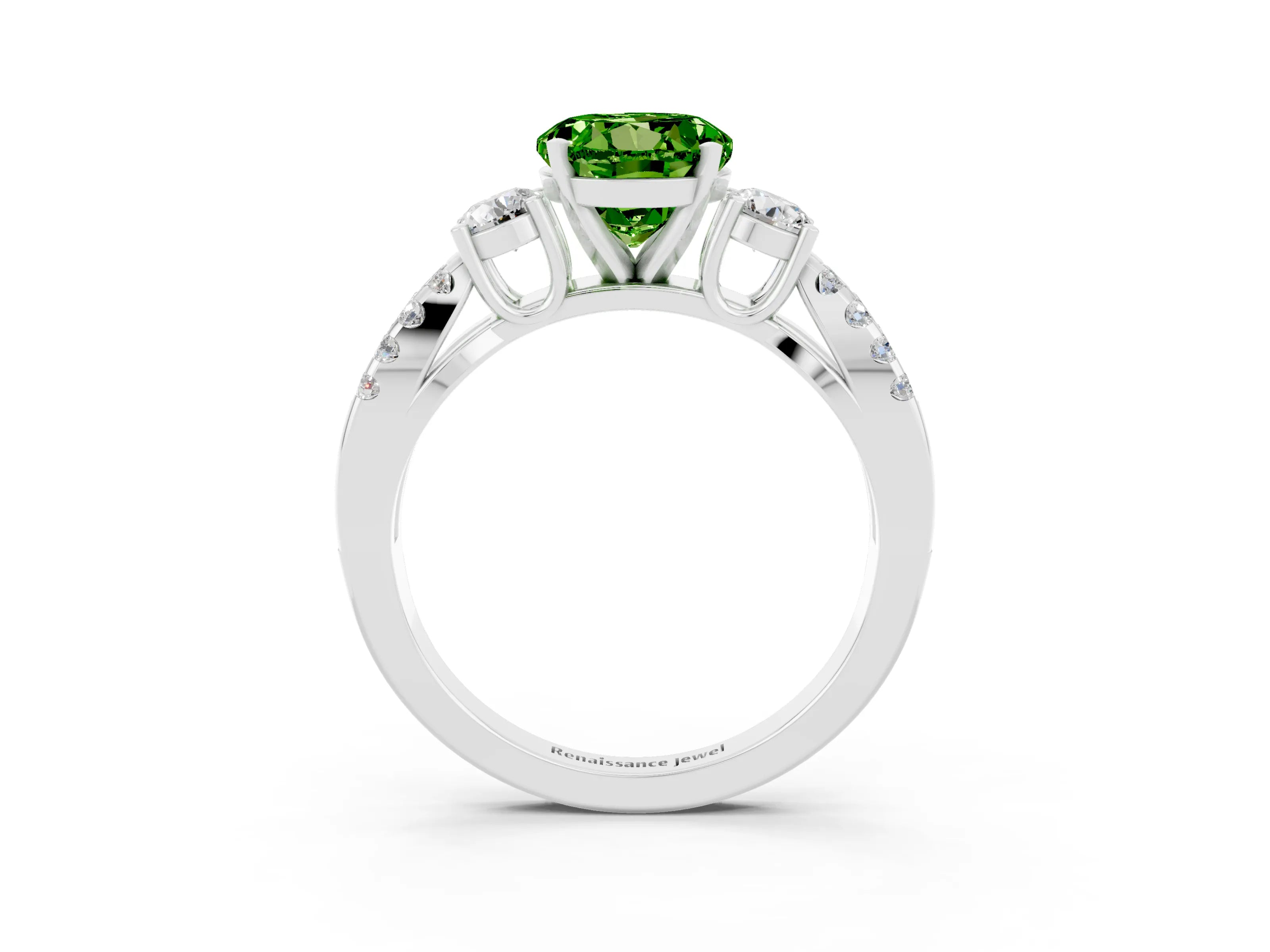 White gold Round Cut Peridot Three-Stone Ring with Pavé Split Shank and Four-Prong Setting_3