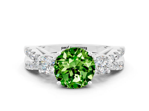 White gold Round Cut Peridot Three-Stone Ring with Pavé Split Shank and Four-Prong Setting