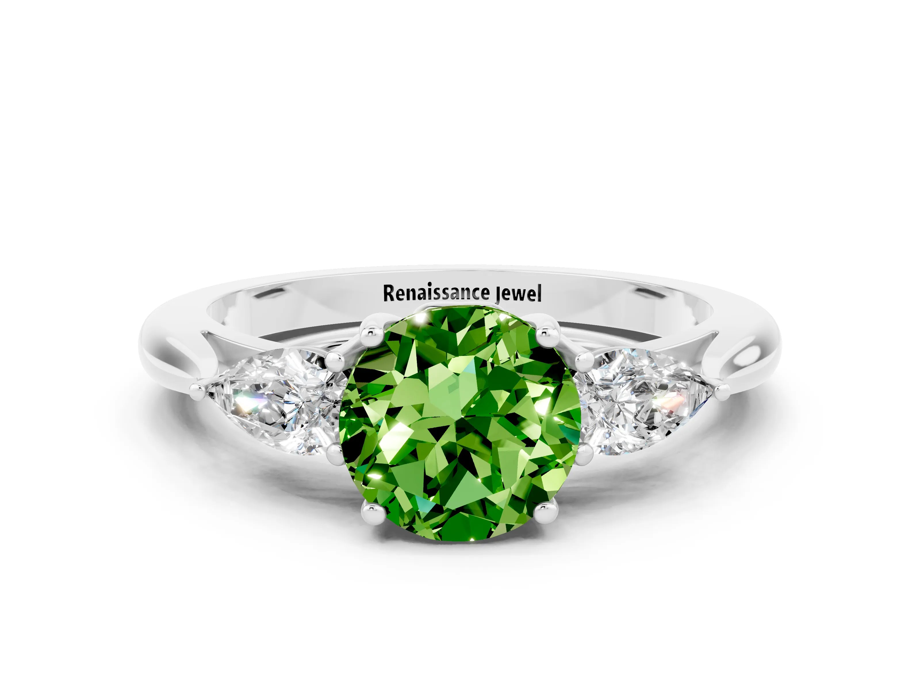 White gold Round Cut Peridot Three-Stone Ring with Pear Side Stones and Four-Prong Setting_12