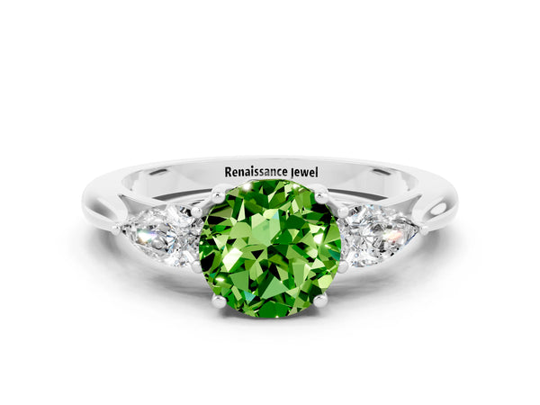White gold Round Cut Peridot Three-Stone Ring with Pear  Side Stones and Prong Setting