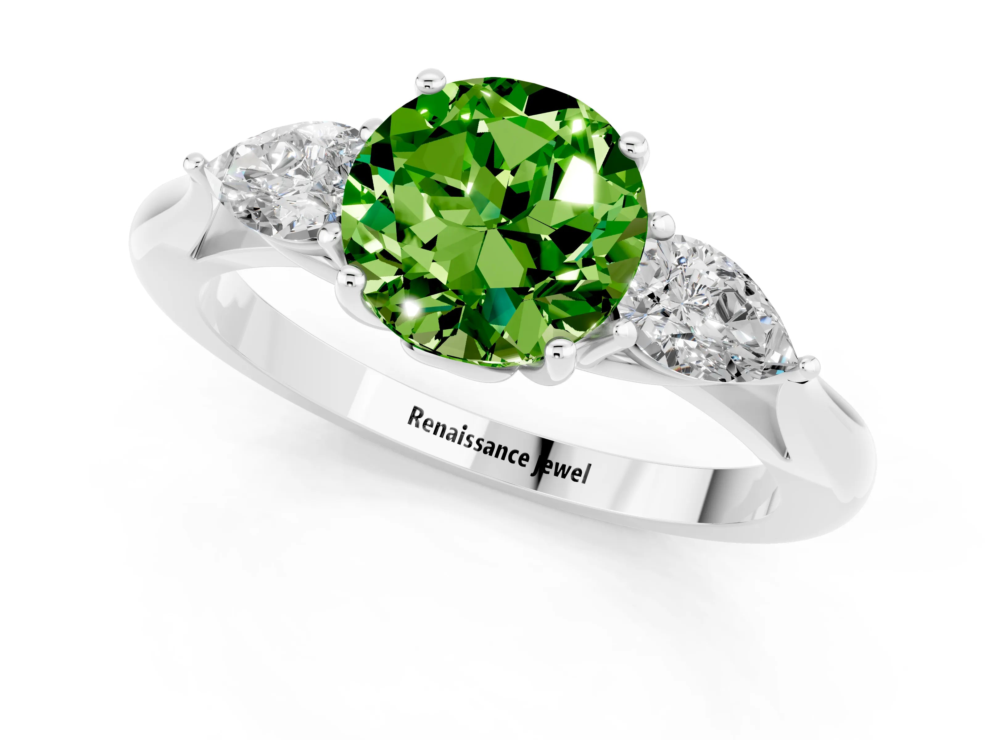 White gold Round Cut Peridot Three-Stone Ring with Pear Side Stones and Four-Prong Setting_13