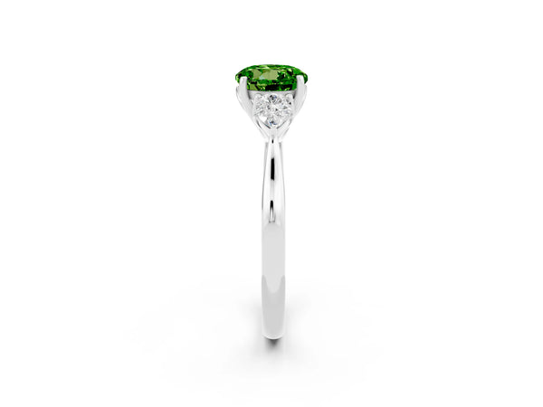 White gold Round Cut Peridot Three-Stone Ring with Pear  Side Stones and Prong Setting