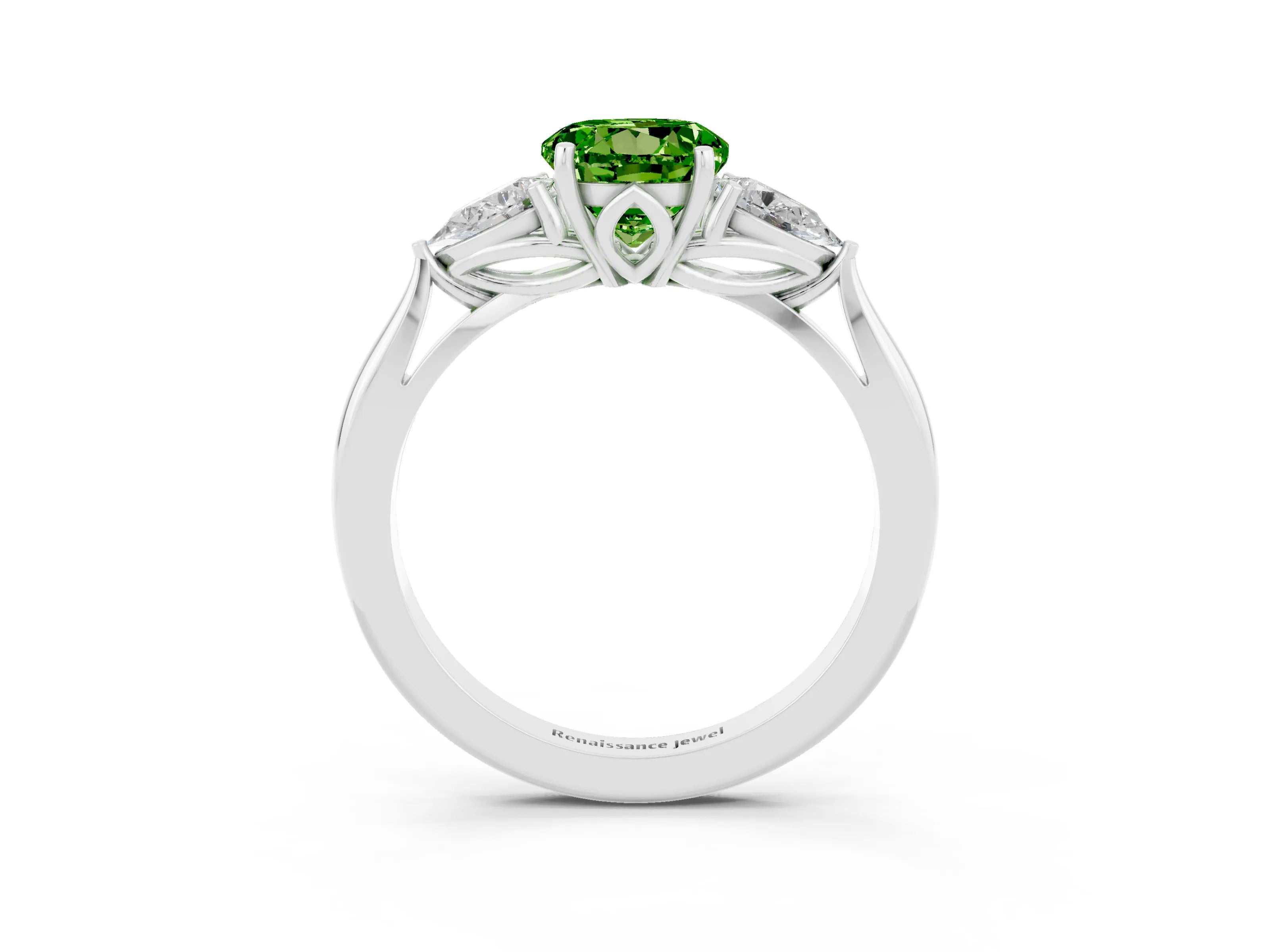 White gold Round Cut Peridot Three-Stone Ring with Pear Side Stones and Four-Prong Setting_15
