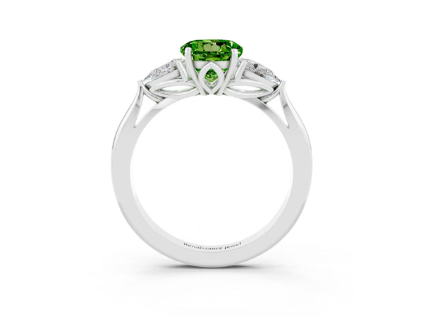 Platinum Round Cut Peridot Three-Stone Ring with Pear  Side Stones and Prong Setting