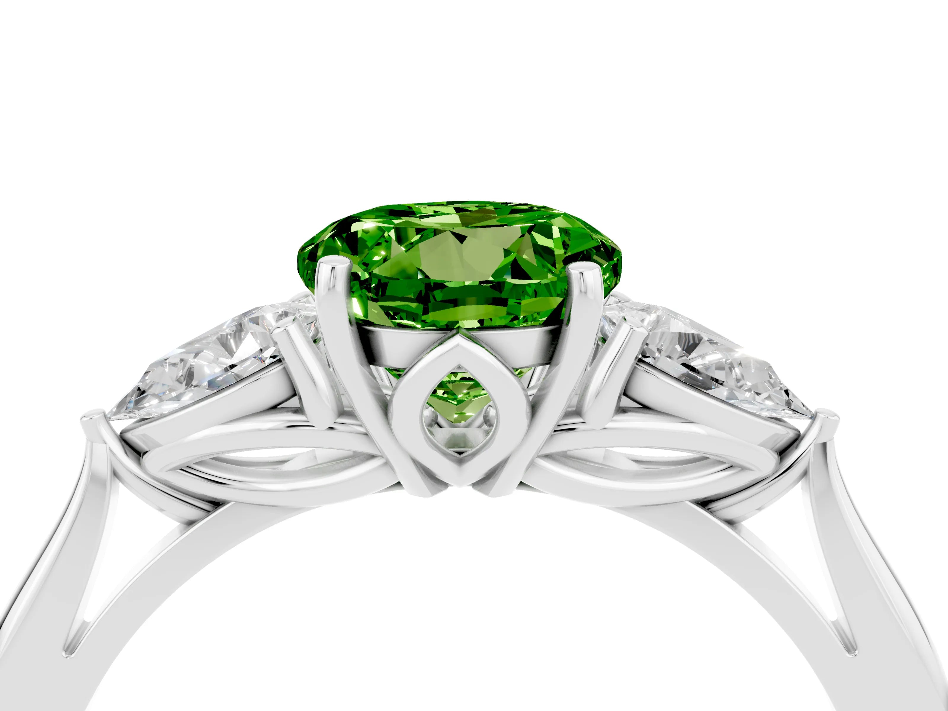 White gold Round Cut Peridot Three-Stone Ring with Pear Side Stones and Four-Prong Setting_16
