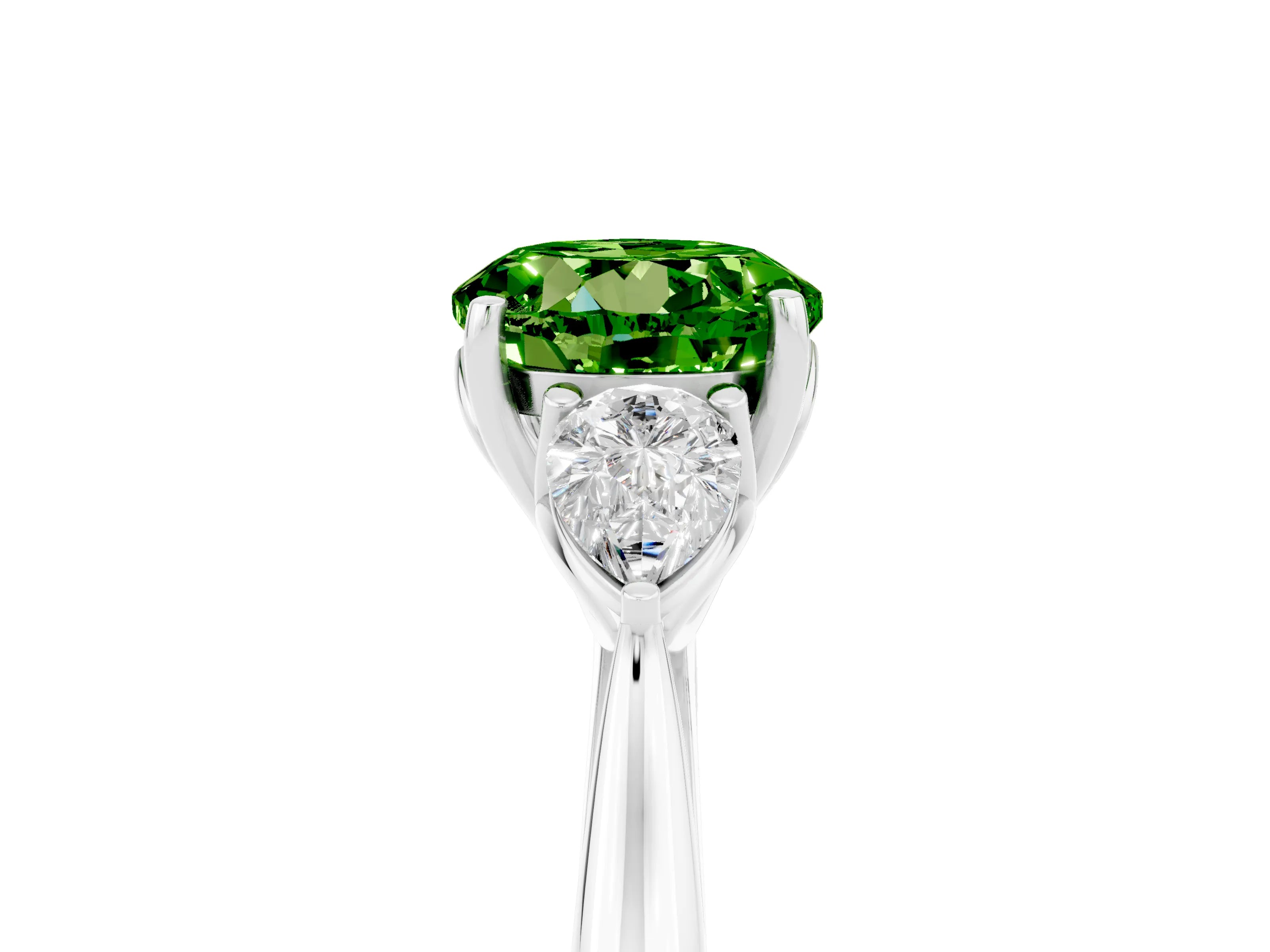 White gold Round Cut Peridot Three-Stone Ring with Pear Side Stones and Four-Prong Setting_17