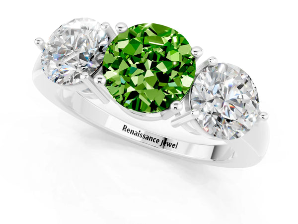 Silver Round Cut Peridot Three-Stone Ring with Prong Setting and Classic Band