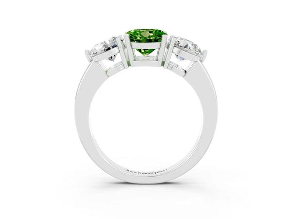 White gold Round Cut Peridot Three-Stone Ring with Prong Setting and Classic Band