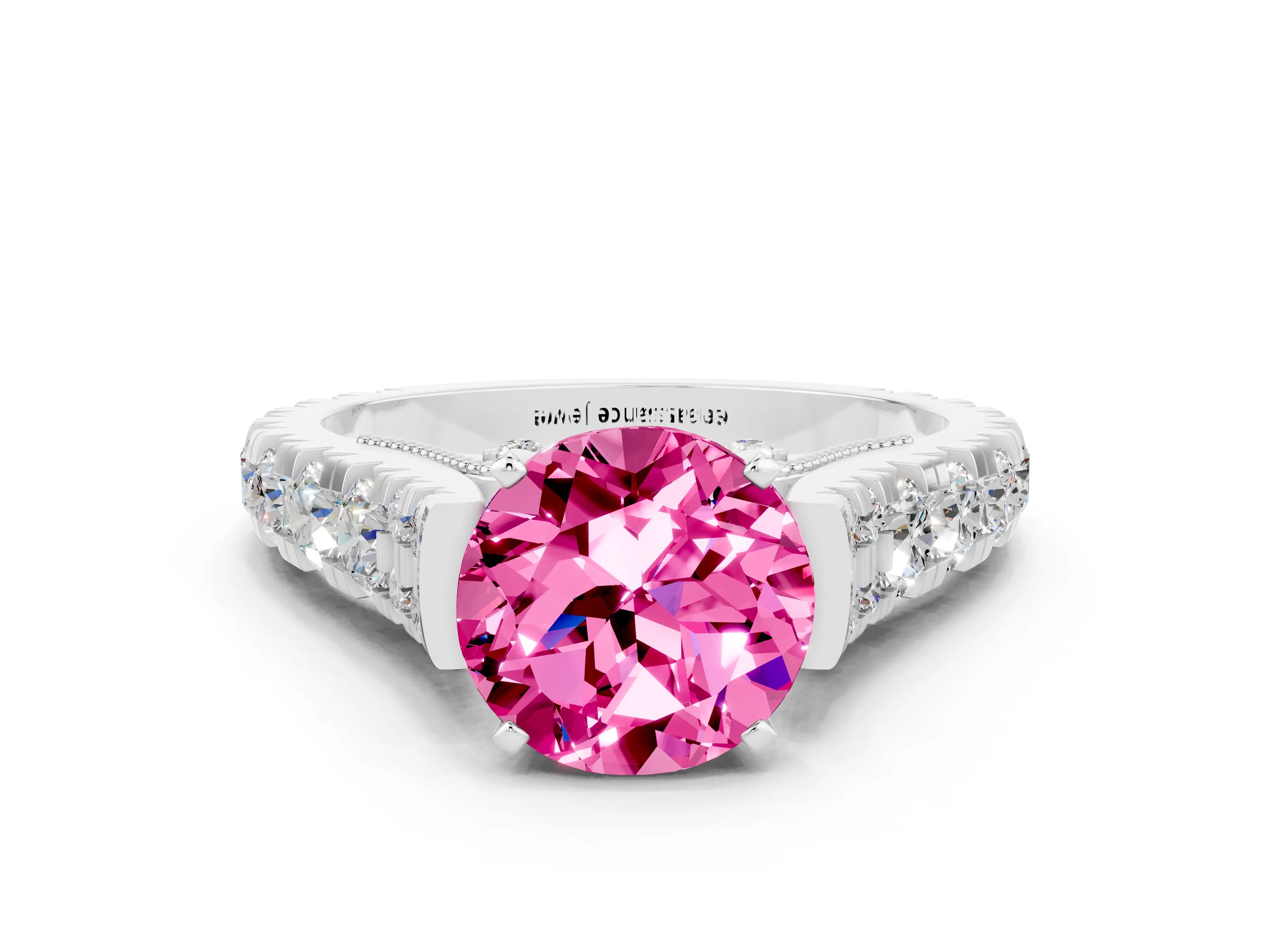 White gold Round Cut Pink Sapphire Classic Solitaire Ring with Pavé Band and Four-Prong Setting_12