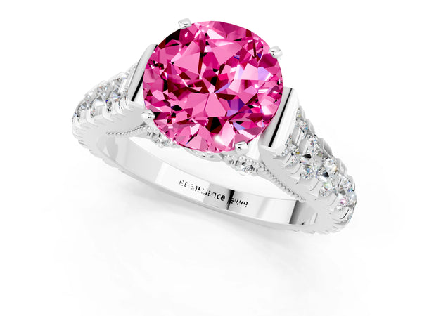 White gold Round Cut Pink Sapphire Classic Solitaire Ring with Pavé Band and Four-Prong Setting