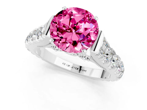 White gold Round Cut Pink Sapphire Classic Solitaire Ring with Pavé Band and Four-Prong Setting_13