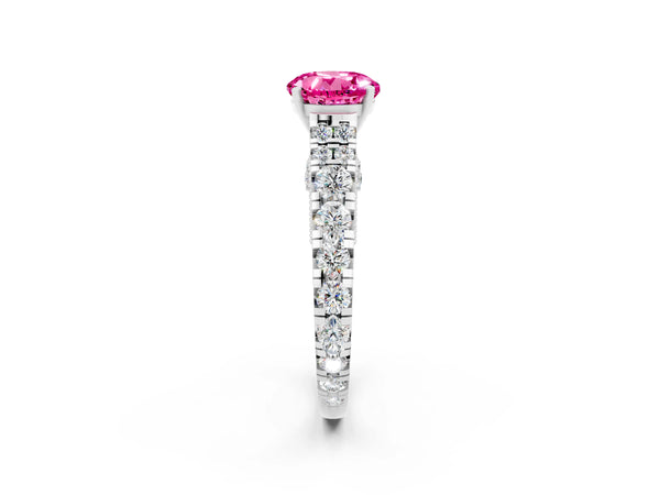 Platinum Round Cut Pink Sapphire Classic Solitaire Ring with Pavé Band and Four-Prong Setting