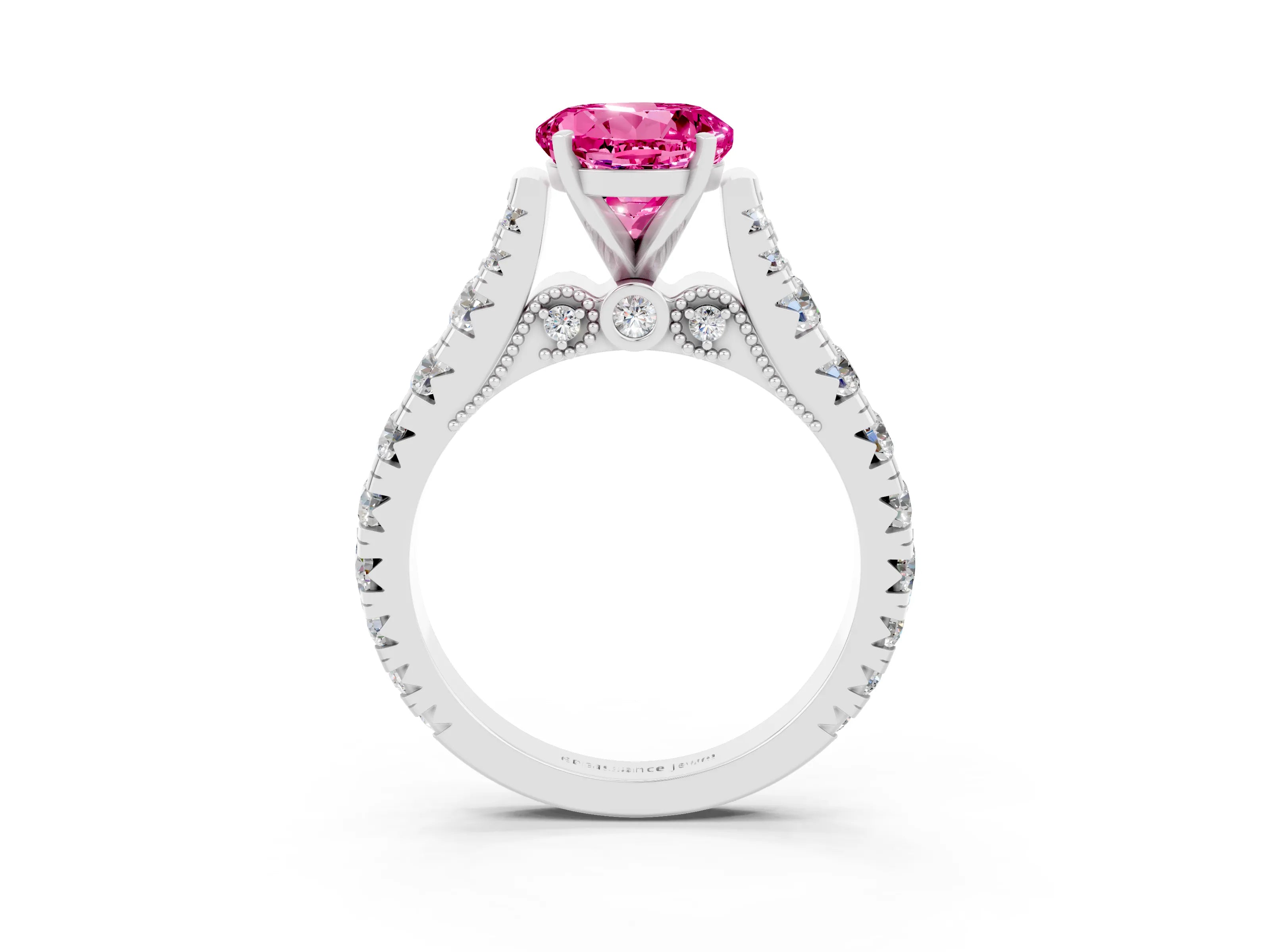 White gold Round Cut Pink Sapphire Classic Solitaire Ring with Pavé Band and Four-Prong Setting_15
