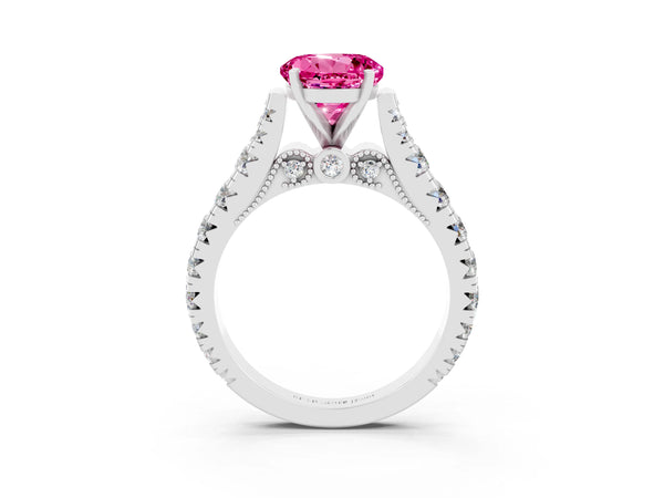Platinum Round Cut Pink Sapphire Classic Solitaire Ring with Pavé Band and Four-Prong Setting