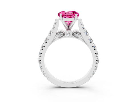 White gold Round Cut Pink Sapphire Classic Solitaire Ring with Pavé Band and Four-Prong Setting_15