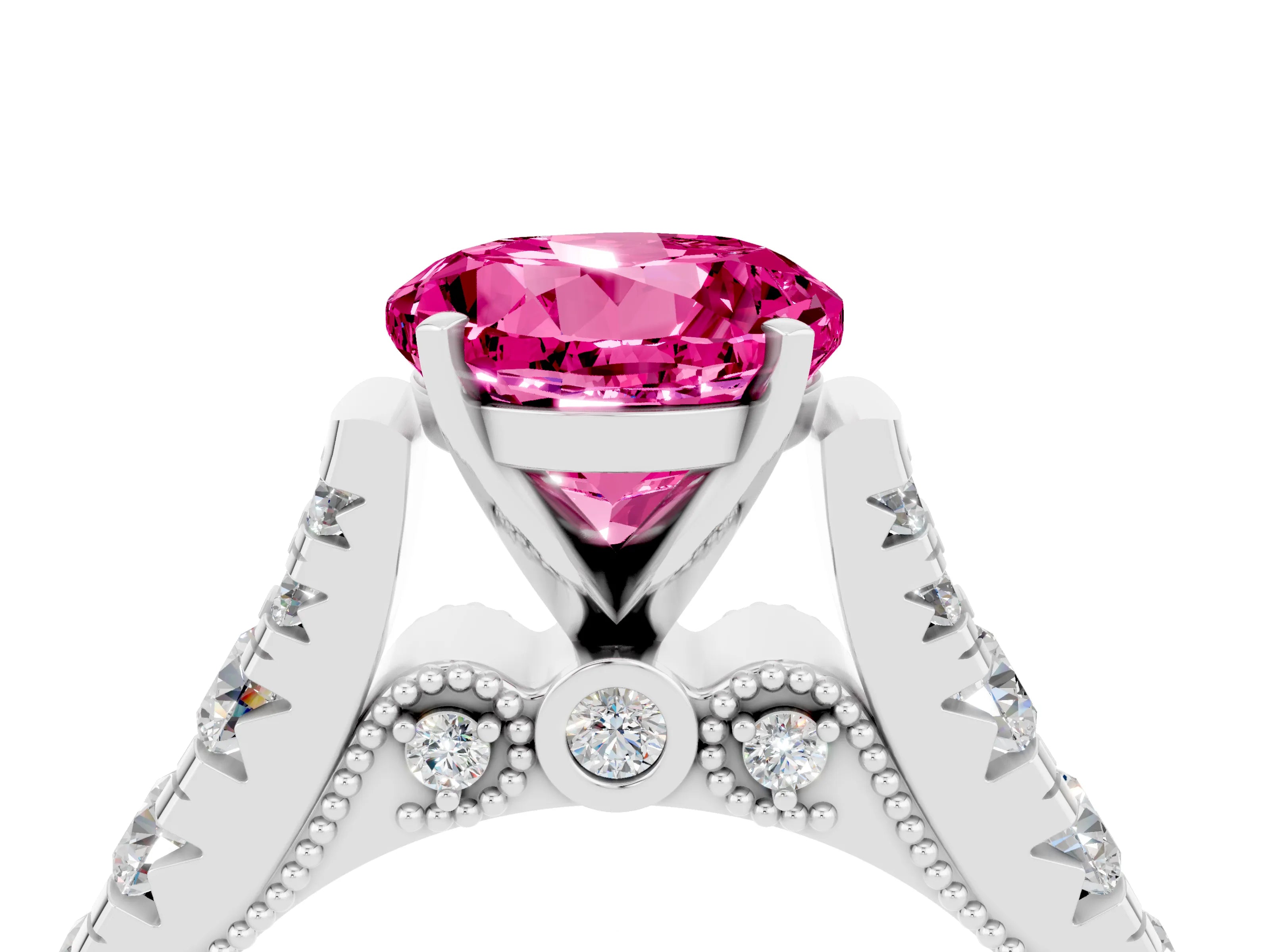 White gold Round Cut Pink Sapphire Classic Solitaire Ring with Pavé Band and Four-Prong Setting_16